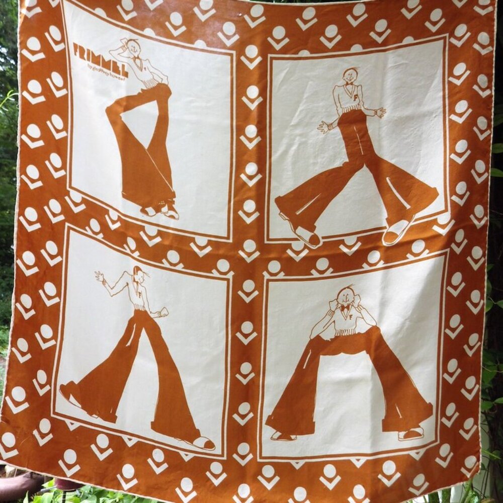 1970s Vintage Frimmel Silk Scarf by Geoffrey Howard Bell Bottoms Brown White